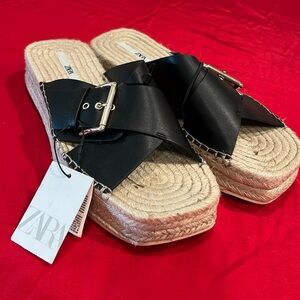 Zara Black Leather Buckle Espadrille Slide Sandals